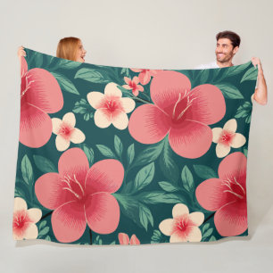 Tropical Floral with Red and Cream Hibiscus Fleece Blanket