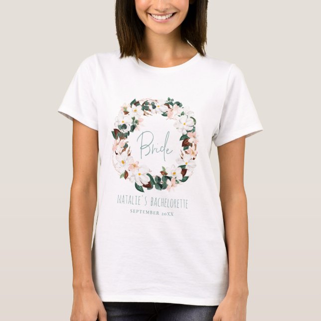 Tropical floral wreath bride bachelorette T-Shirt (Front)