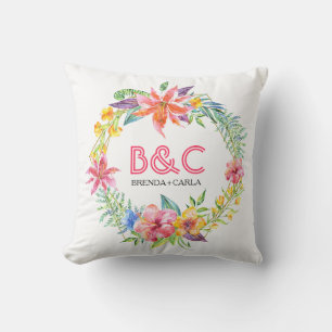 Tropical floral wreath gold geometric frame throw pillow