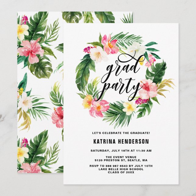 Tropical Floral Wreath Graduation Luau Party Invitation (Front/Back)