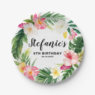 Tropical Floral Wreath Summer Birthday Party Paper Plate