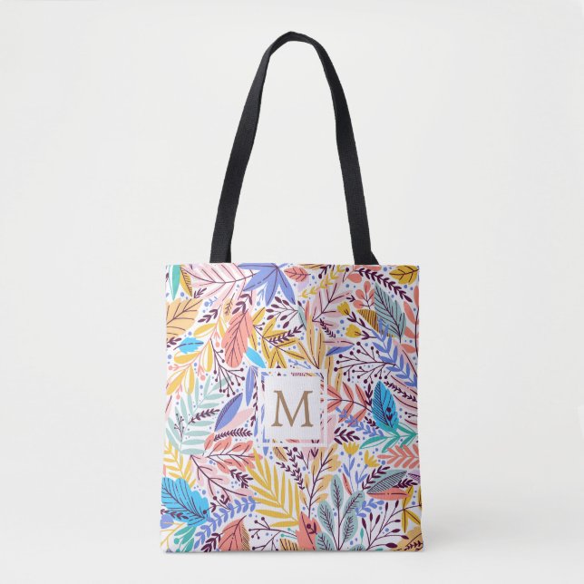Tropical Floral yellow and orange Monogram Tote Bag (Front)