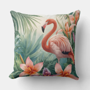 Tropical Florals and Flamingo Outdoor Pillow