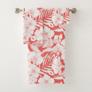Tropical Florals and Hummingbird in coral and off  Bath Towel Set