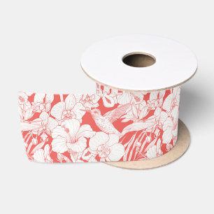 Tropical Florals and Hummingbird in coral and off Satin Ribbon