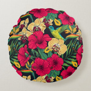 Tropical Florals and Hummingbird - Summer Botanica Round Pillow