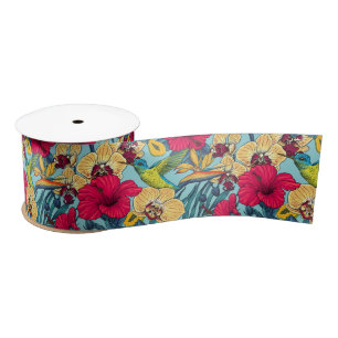 Tropical Florals and Hummingbird - Summer Botanica Satin Ribbon