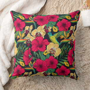 Tropical Florals and Hummingbird - Summer Botanica Throw Pillow
