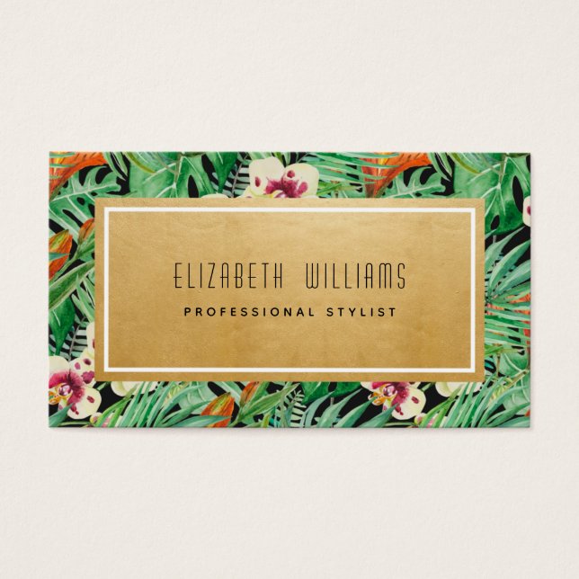Tropical Florals Gold Stylist Business Cards (Front)