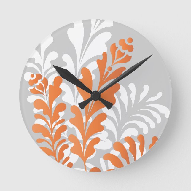 Tropical Florals Orange, White & Grey Customizable Round Clock (Front)