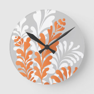 Tropical Florals Orange, White & Grey Customizable Round Clock