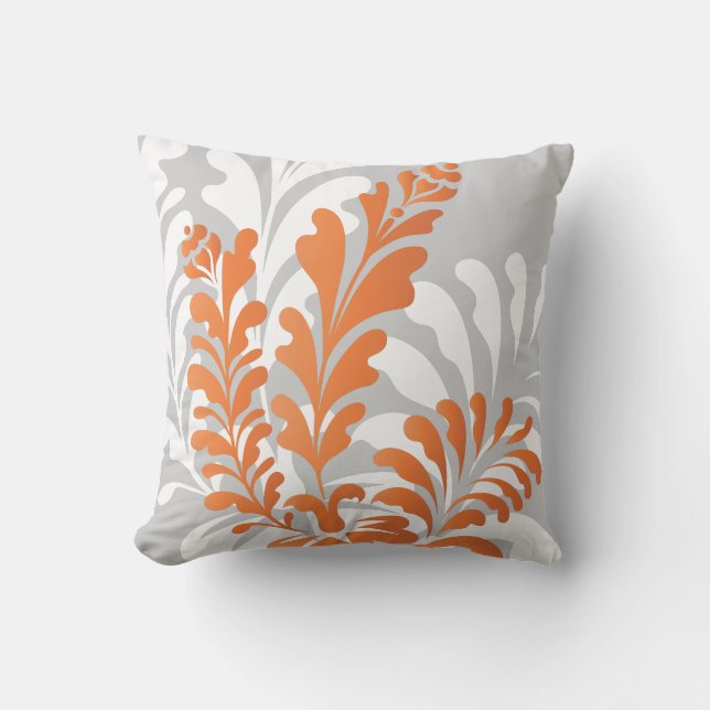 Tropical Florals Orange, White & Grey Customizable Throw Pillow (Front)