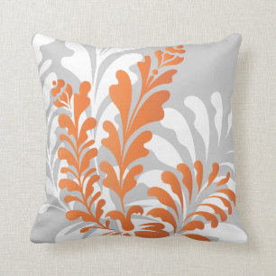 Tropical Florals Orange, White & Grey Customizable Throw Pillow