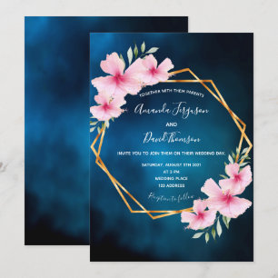 Tropical florals pink dark blue geometric wedding invitation