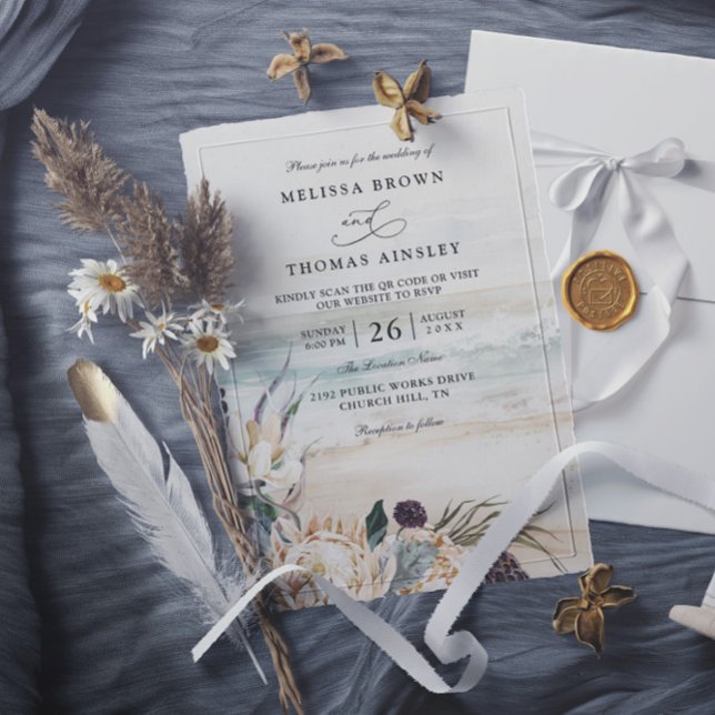 tropical florals protea beach qr code wedding invitation (Creator Uploaded)