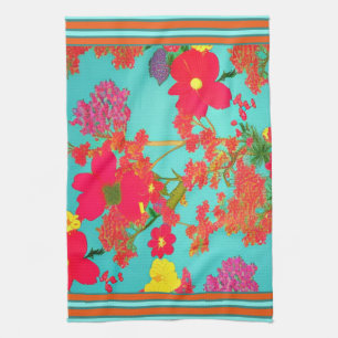 Tropical Florals Teal, Orange, Yellow with Trim Kitchen Towel