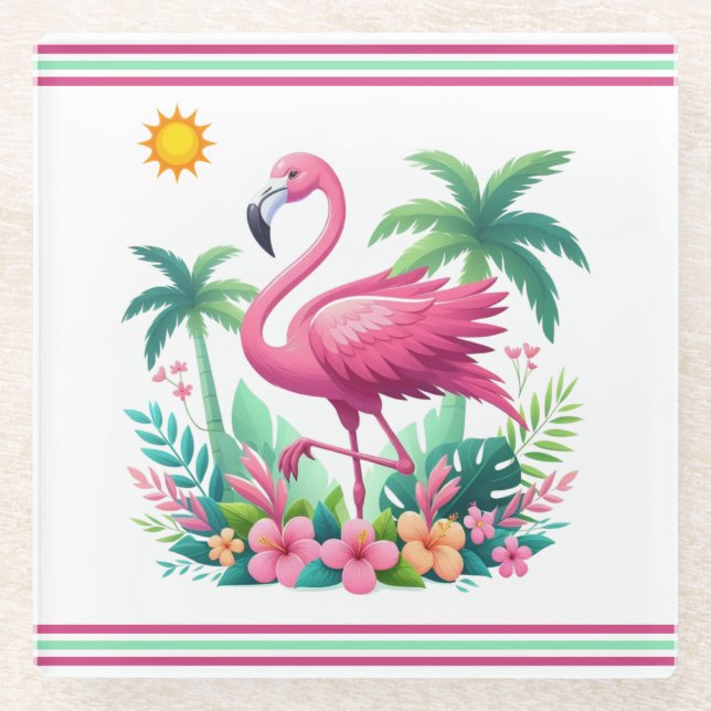 Tropical/Florida pink flamingo Glass Coaster (Front)