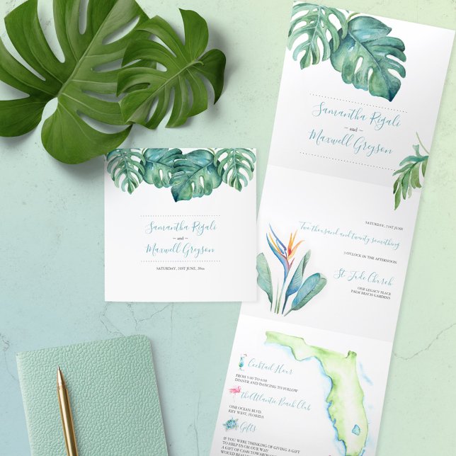 Tropical Florida Wedding Invitation All In One (All in one Florida destination wedding invitations tropical watercolor art by Victoria Grigaliunas)