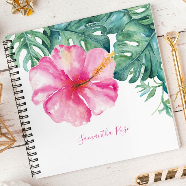 Tropical Flower and Greenery Personalized Journal (Notebook tropical watercolor hibiscus flower and monstera leaves Victoria Grigaliunas DoTellABelle)