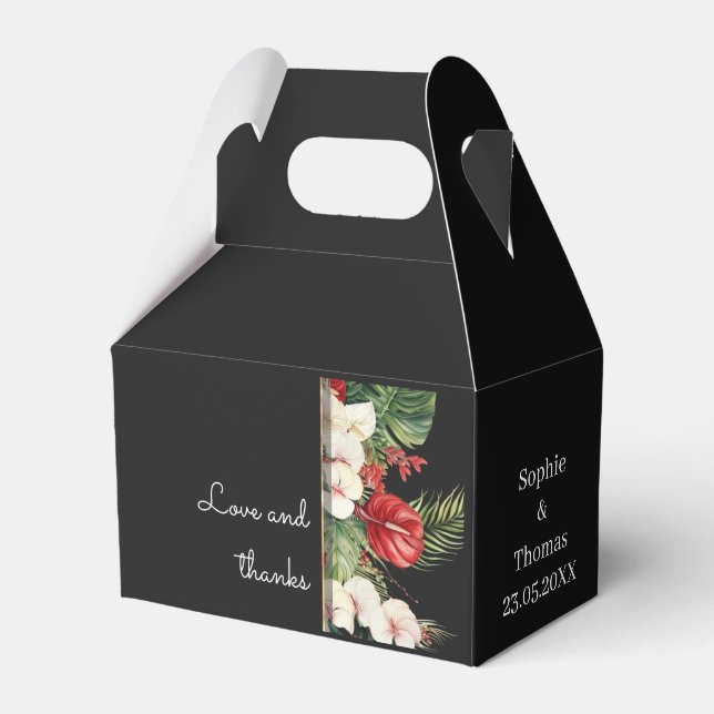 Tropical flower and leaves dark wedding favor box (Front Side)