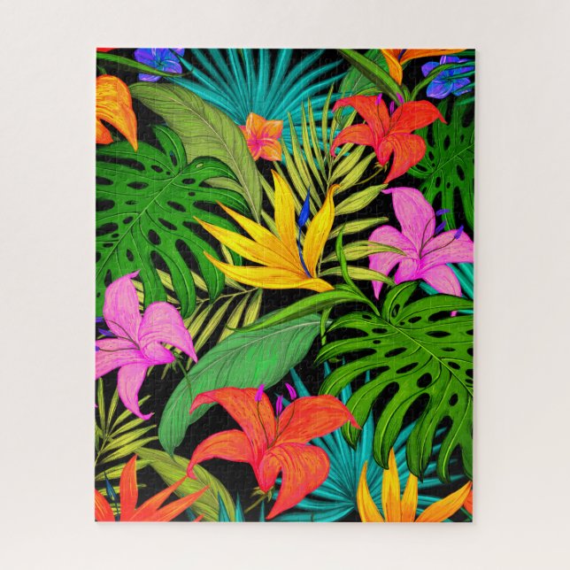 Tropical flower and palm leaf Hawaiian colourful Jigsaw Puzzle (Vertical)