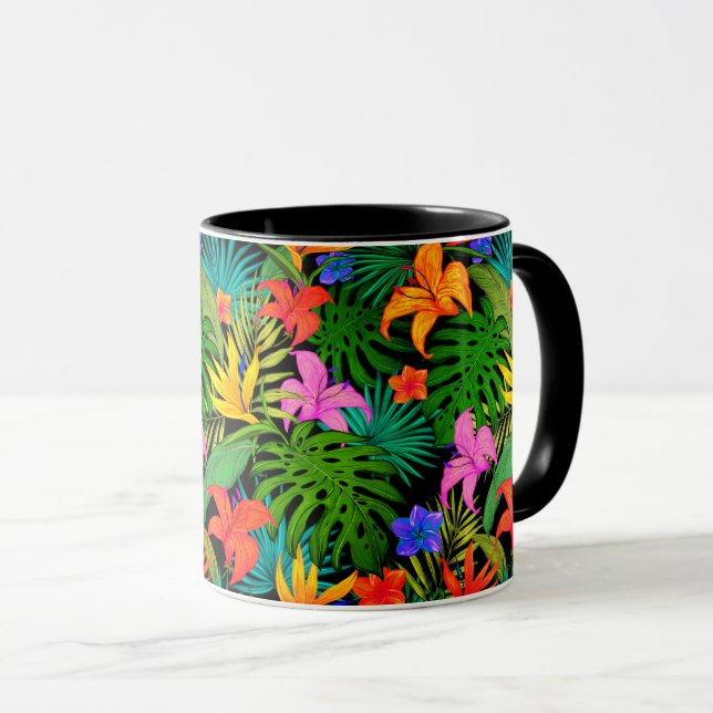 Tropical flower and palm leaf Hawaiian colourful Mug (Front Right)