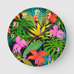 Tropical flower and palm leaf Hawaiian colourful Round Clock