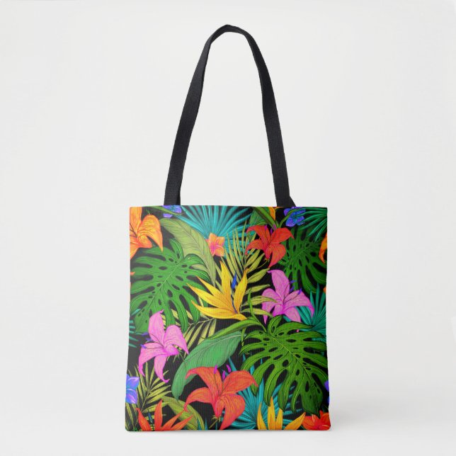 Tropical flower and palm leaf Hawaiian colourful Tote Bag (Front)