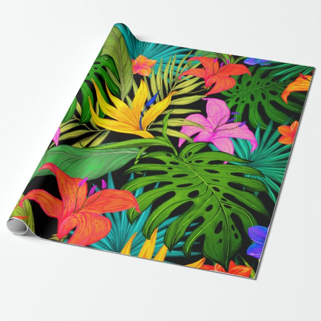 Tropical flower and palm leaf Hawaiian colourful Wrapping Paper (Unrolled)