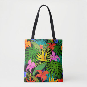 Tropical flower and palm leaves tote bag