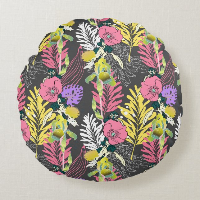 Tropical Flower Art: Original Pattern. Round Pillow (Front)