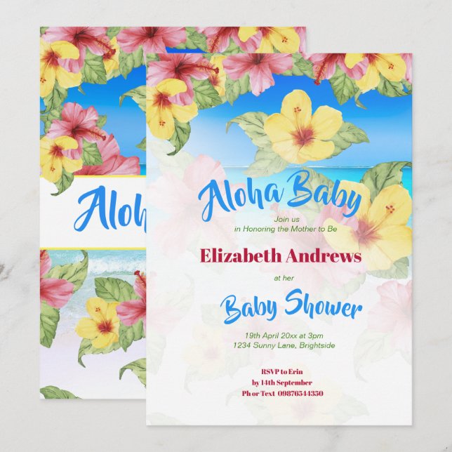 Tropical Flower Baby Shower Beach Aloha Invitation (Front/Back)