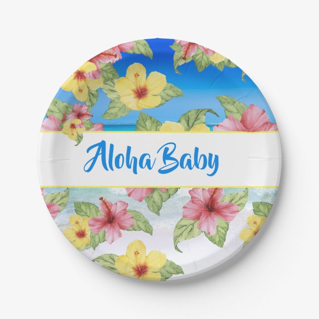 Tropical Flower Baby Shower Beach Aloha Paper Plate (Front)
