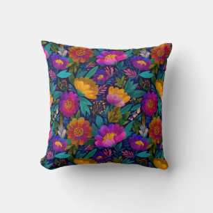 Tropical Flower Blossoms Vibrant Exotic Pattern Throw Pillow