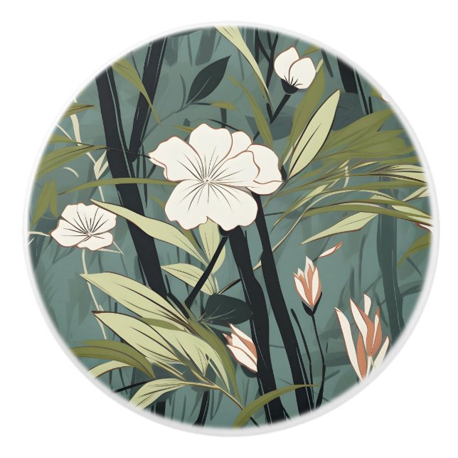 Tropical Flower Chinoiserie Asian Dusty Teal Print Ceramic Knob (Front)