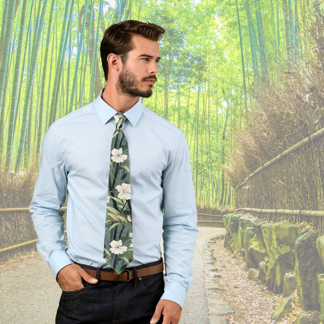 Tropical Flower Chinoiserie Asian Dusty Teal Print Tie (Creator Uploaded)