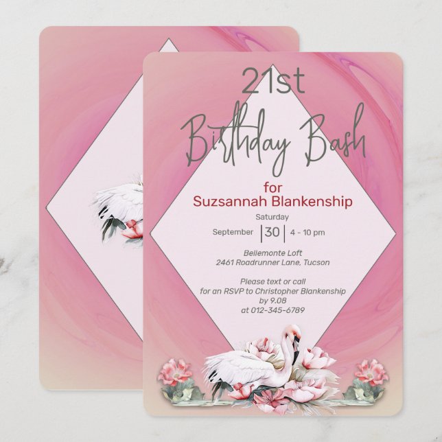 Tropical Flower & Flamingo Custom Celebration Invitation (Front/Back)