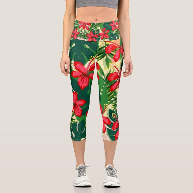 Tropical flower hibiscis funky floral art capri leggings (Front)
