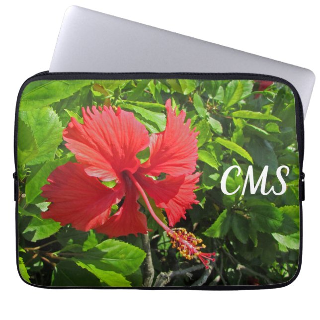 Tropical Flower Initials Bright Pink Island Floral Laptop Sleeve (Front)