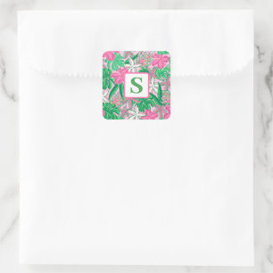 Tropical Flower Monogram Pink White Green Preppy Square Sticker
