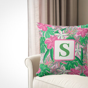 Tropical Flower Monogram Pink White Green Preppy Throw Pillow