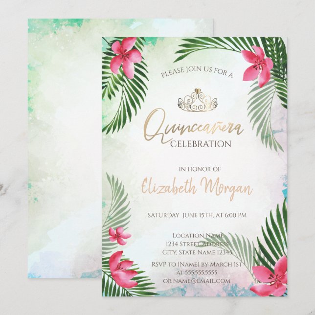 Tropical Flower Palm Cocktail Summer Quinceañera Invitation (Front/Back)