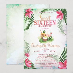 Tropical Flower Palm CocktailSummer Sweet 16 Party Invitation