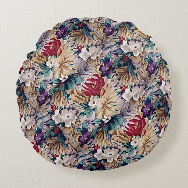 Tropical Flower Pattern in Soft Colours Round Pillow (Front)