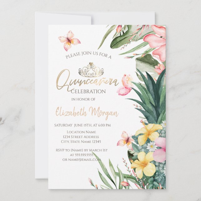 Tropical Flower Pineapple Butterflies Quinceañera Invitation (Front)