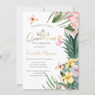 Tropical Flower Pineapple Butterflies Quinceañera Invitation