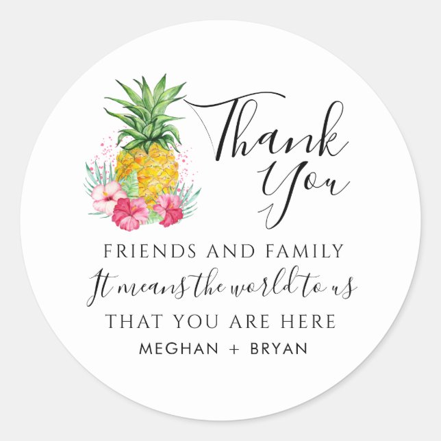 Tropical Flower Pineapple Thank You Wedding Classic Round Sticker (Front)