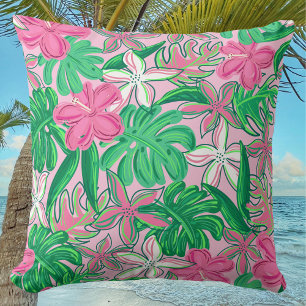 Tropical Flower Pink White Green Preppy  Throw Pillow