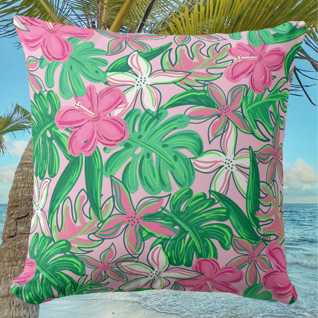 Tropical Flower Pink White Green Preppy  Throw Pillow (Creator Uploaded)
