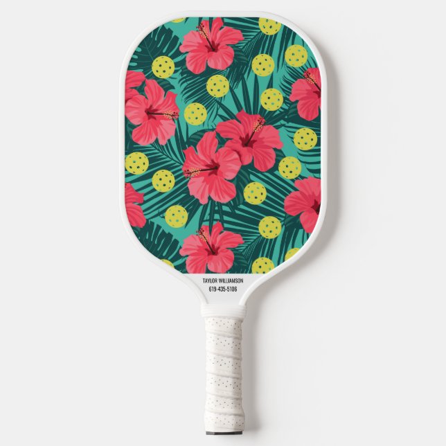 Tropical Flower Print Custom Name Phone Number Pickleball Paddle (Front)